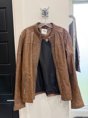 Zara Men’s Brown Faux Leather Bomber Jacket